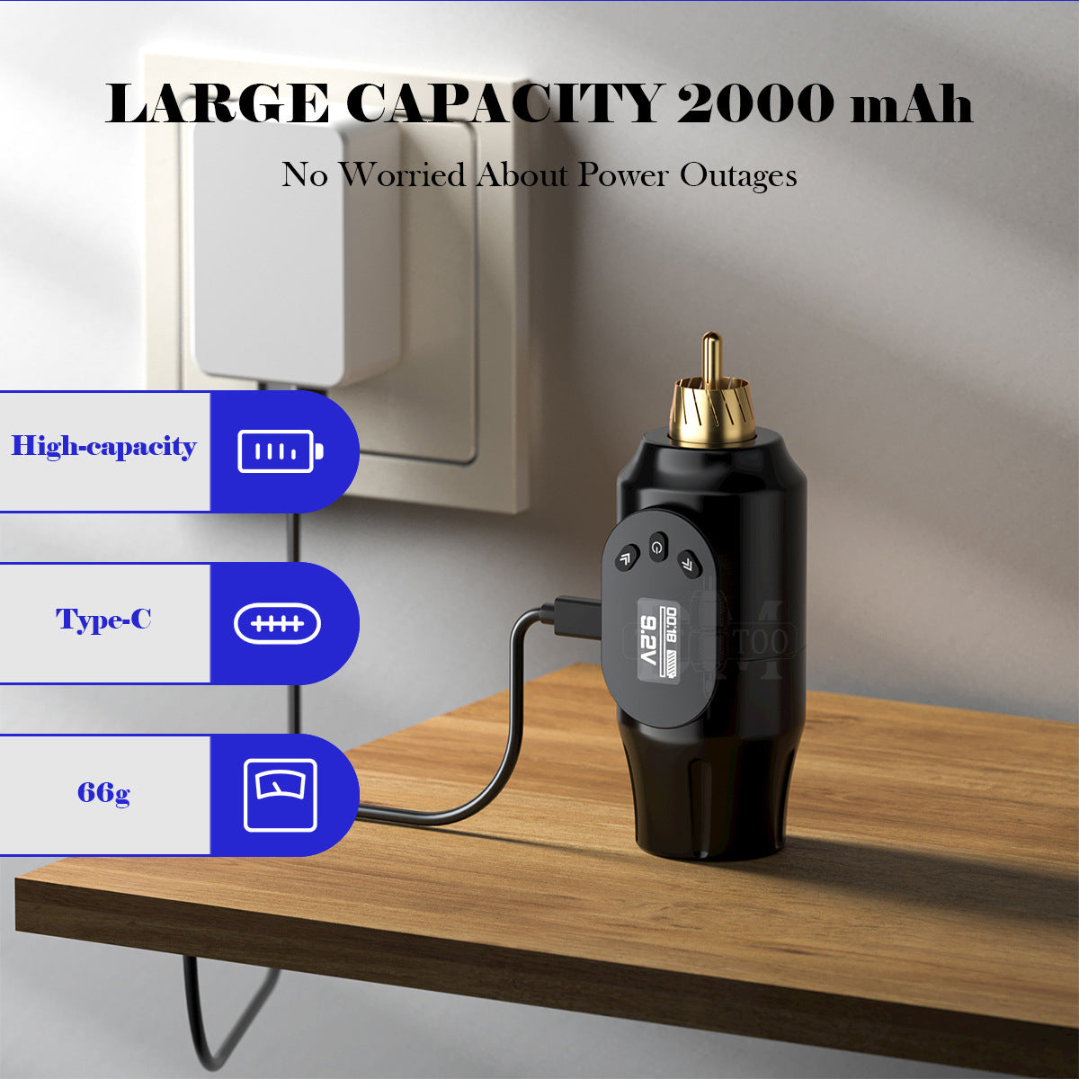 Portable OLED Wireless Tattoo Power Supply – 2000mAh Mini RCA Battery for Tattoo Pen