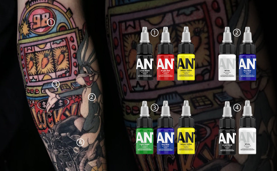 15ml Tattoo Ink Set – 7 Bottles Black & Color Pigments 7 Bottles 15ml Tattoo Inks – Lining & Shading Colors