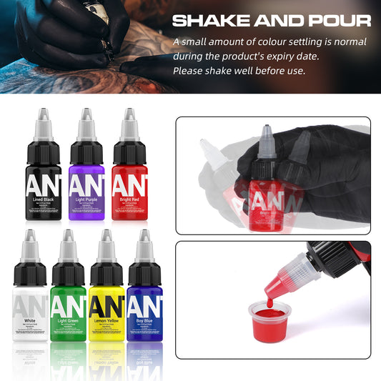 Kit de tinta para tatuajes de 15 ml: 7 frascos de pigmentos negros y de color. 7 frascos de tinta para tatuajes de 15 ml: colores para delinear y sombrear.
