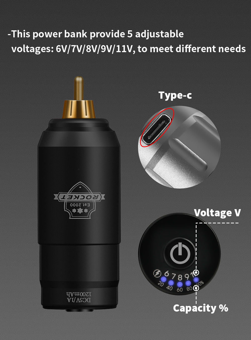 Mini Wireless Tattoo Battery Power Supply – 1200mAh RCA Portable Charging Pack for Tattoo Pen
