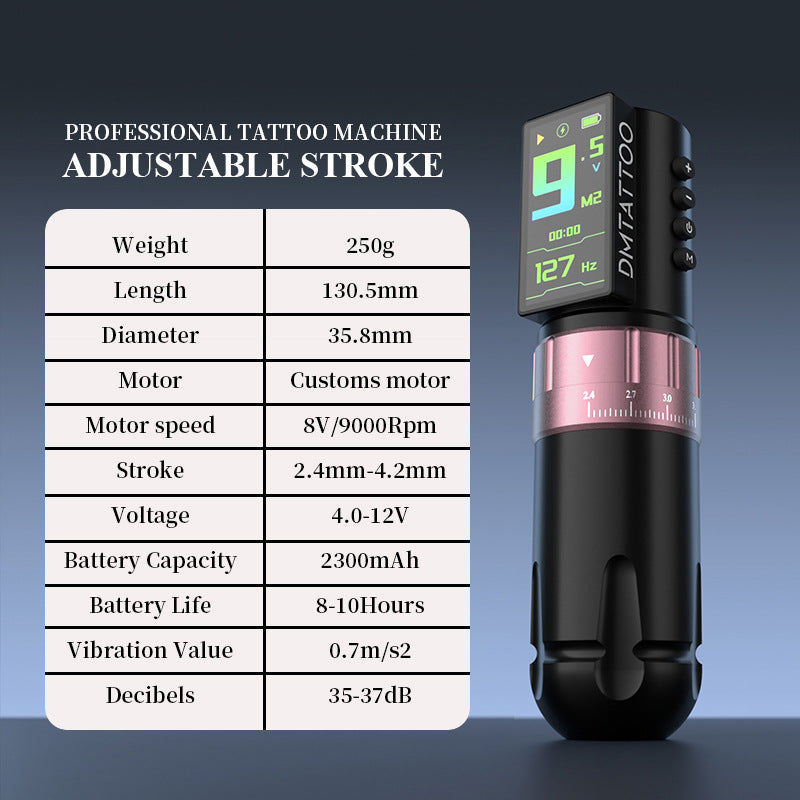 Adjustable Stroke Wireless Tattoo Machine Pen – 2300mAh Battery with Large Color Display