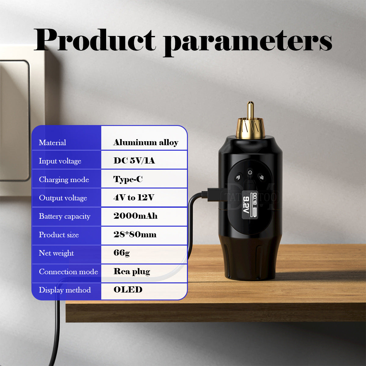 Portable OLED Wireless Tattoo Power Supply – 2000mAh Mini RCA Battery for Tattoo Pen