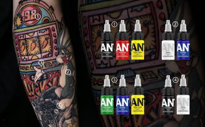 15ml Tattoo Ink Set – 7 Bottles Black & Color Pigments  7 Bottles 15ml Tattoo Inks – Lining & Shading Colors