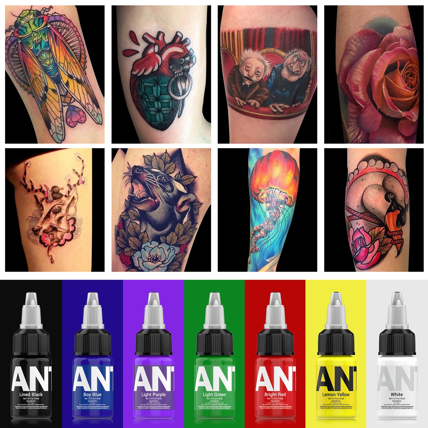 15ml Tattoo Ink Set – 7 Bottles Black & Color Pigments  7 Bottles 15ml Tattoo Inks – Lining & Shading Colors
