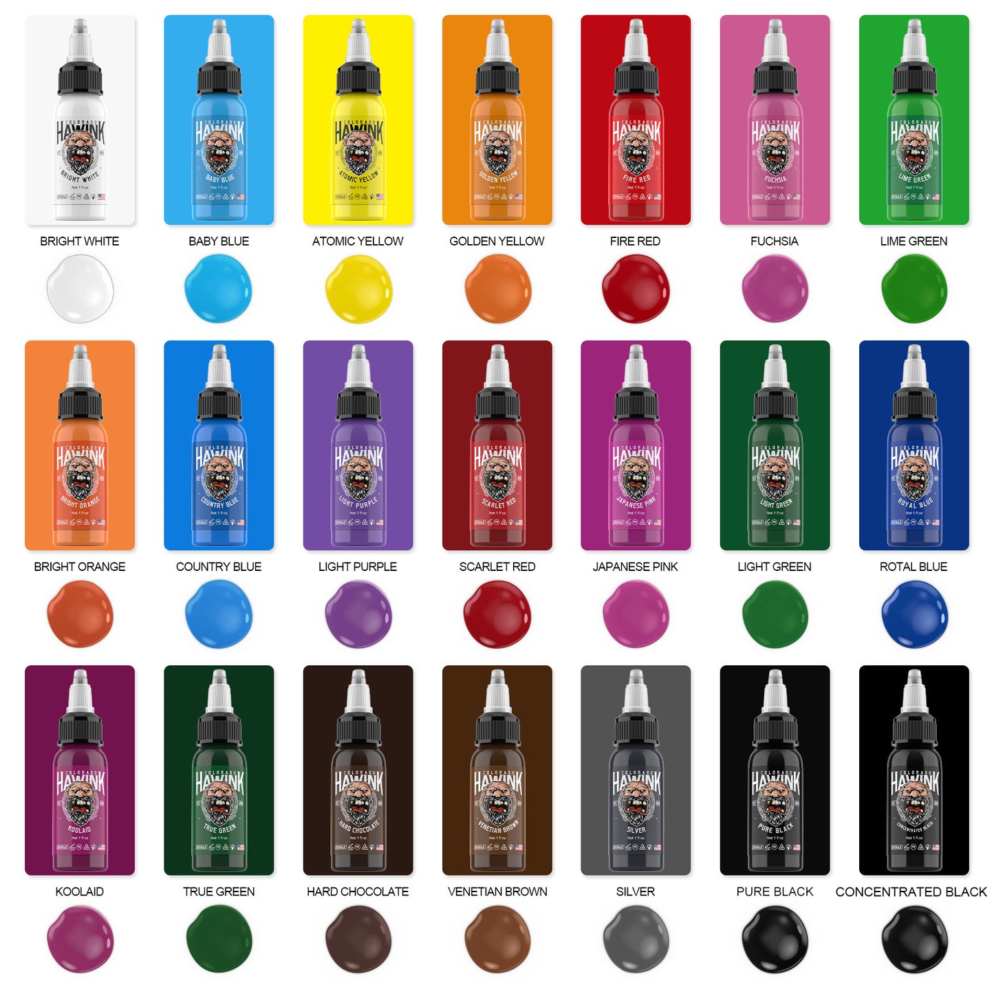 Hawink 21-Color Tattoo Ink Set – 30ml Bottles, Professional Color Pigments