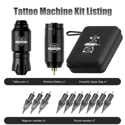 Wireless Rocket-Style Short Tattoo Pen Kit – All-in-One Rotary Motor Tattoo Machine
