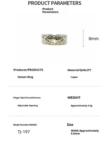 Venom PureSilver Plated Brass Adjustable Ring-- Handmade
