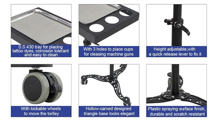 【USA】Portable Rolling Tattoo Workstation Stainiess Steel Tattoo Ink Tray Table TA-WS-16