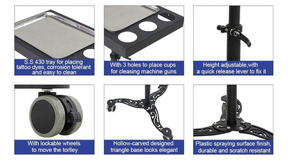 【USA】Portable Rolling Tattoo Workstation Stainiess Steel Tattoo Ink Tray Table TA-WS-16