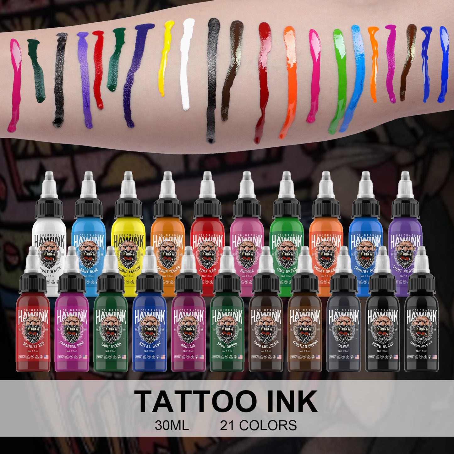 Hawink 21-Color Tattoo Ink Set – 30ml Bottles, Professional Color Pigments