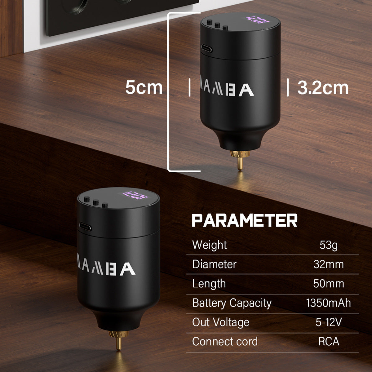 Mini Wireless Tattoo Power Supply – 1350mAh RCA Battery with Digital Display