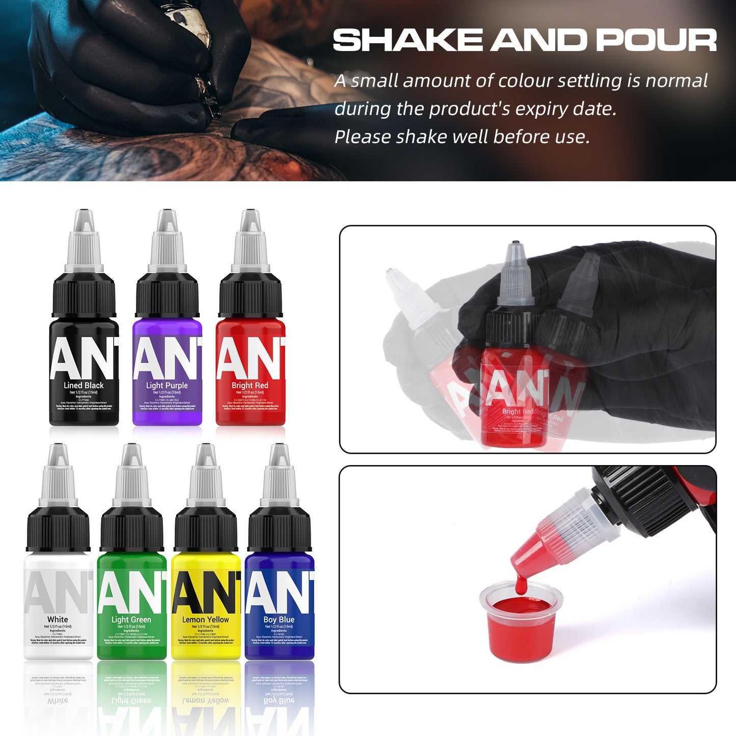 15ml Tattoo Ink Set – 7 Bottles Black & Color Pigments  7 Bottles 15ml Tattoo Inks – Lining & Shading Colors
