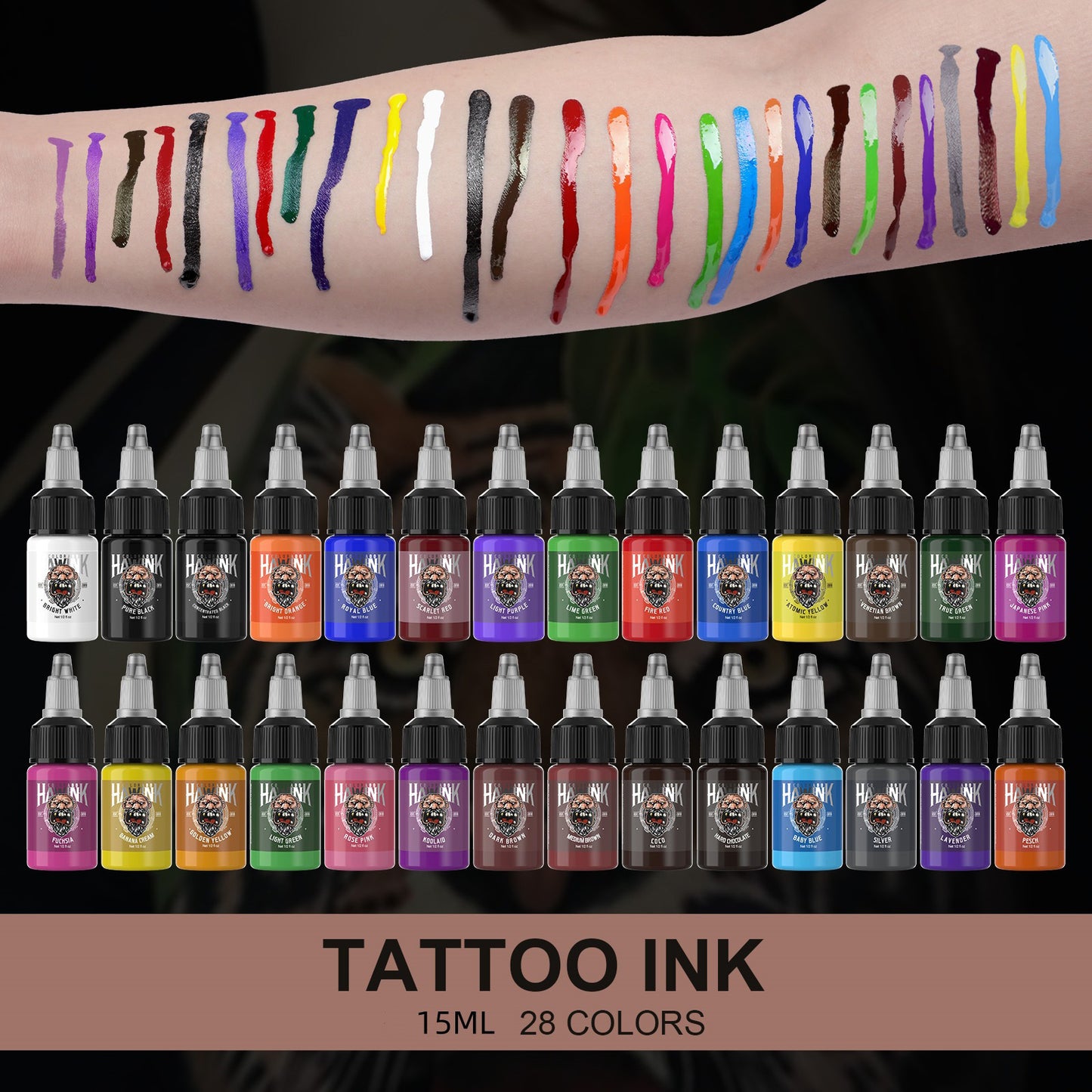 Hawink 28-Color Tattoo Ink Set – 15ml Bottles for Lining, Shading & Coloring