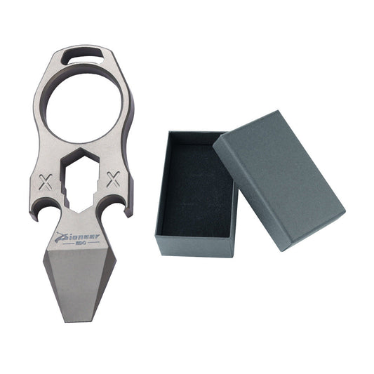 Futuristic titanium alloy multi-tool keychain with integrated bottle opener and hex wrench