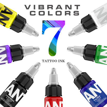 15ml Tattoo Ink Set – 7 Bottles Black & Color Pigments  7 Bottles 15ml Tattoo Inks – Lining & Shading Colors