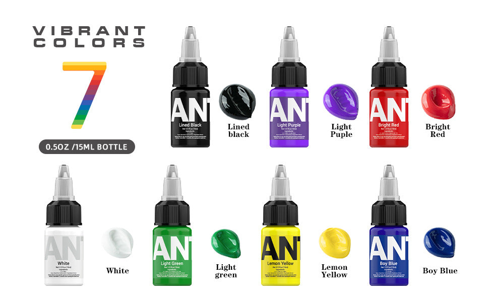 15ml Tattoo Ink Set – 7 Bottles Black & Color Pigments  7 Bottles 15ml Tattoo Inks – Lining & Shading Colors