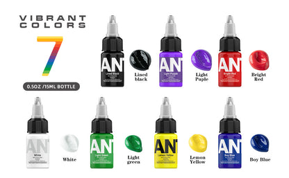 15ml Tattoo Ink Set – 7 Bottles Black & Color Pigments  7 Bottles 15ml Tattoo Inks – Lining & Shading Colors