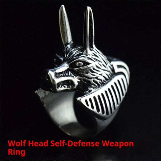 Anillo de autodefensa con cabeza de lobo, totalmente de acero inoxidable – Joyería de estilo gótico