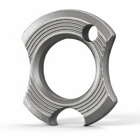 Compact zinc alloy EDC ring tool with sandblasted finish and integrated bottle opener.