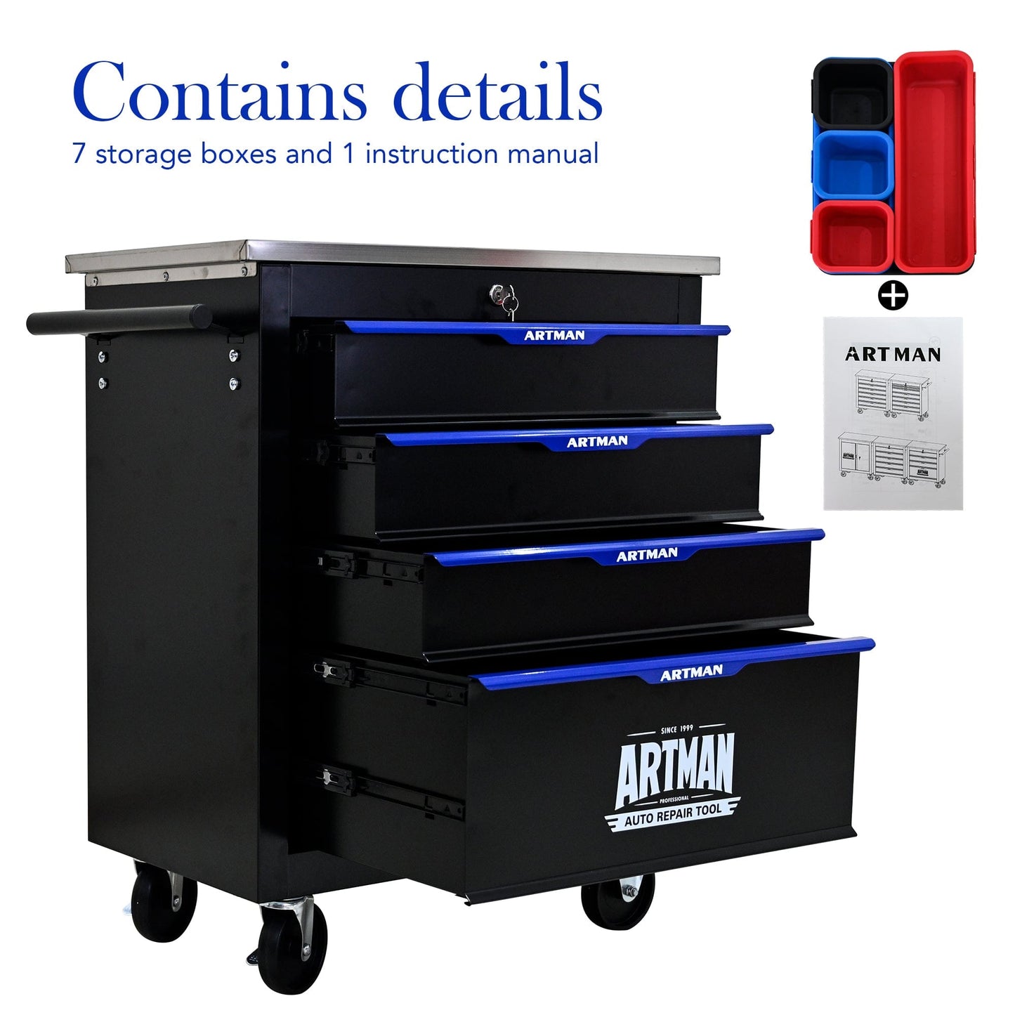 【USA】4-Drawer Steel Rolling Trolley with Locking Casters