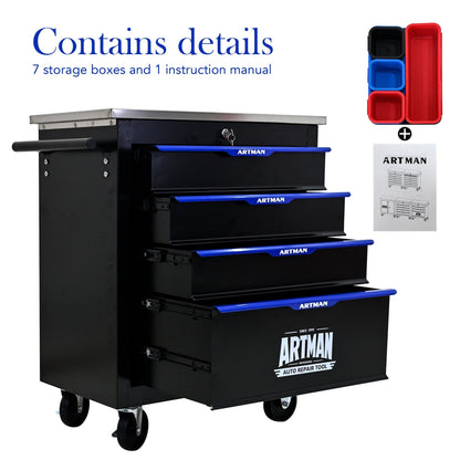 【USA】4-Drawer Steel Rolling Trolley with Locking Casters