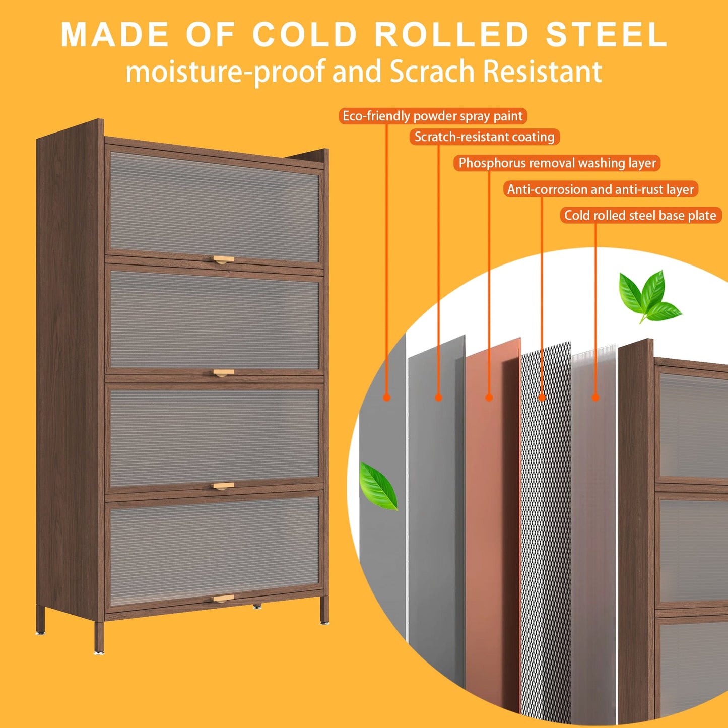 【USA】57" Metal Storage Cabinet for Tattoo Studios, 4 Flip Doors (Walnut)