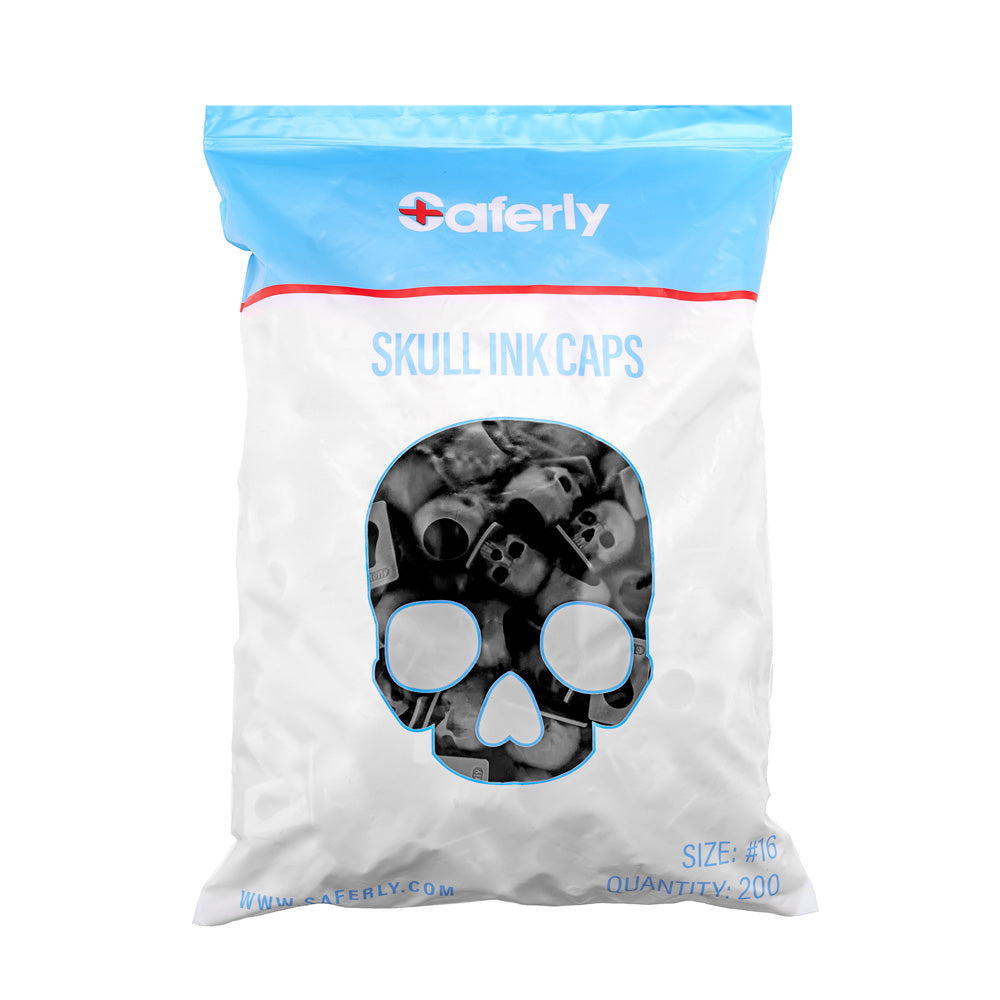 Saferly Skull Silicone Ink Caps —Size #16 (Large) — Bag of 200  — Pick Color