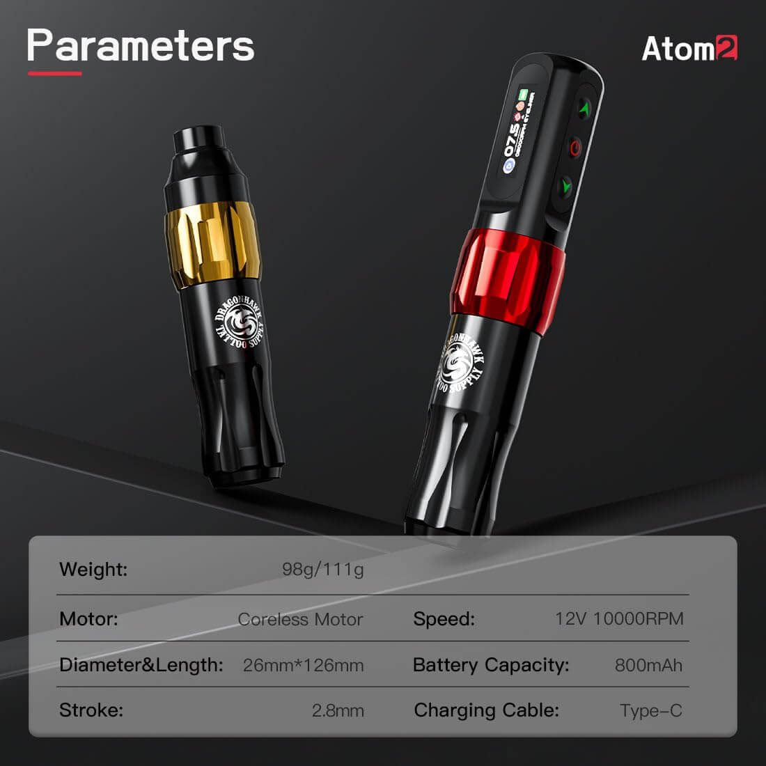 Dragonhawk Wireless Tattoo Pen Machine 2.8 MM Stroke | Atom 2 Dragon Hawk