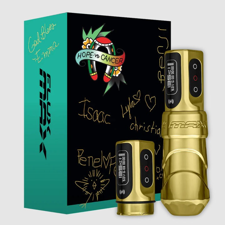 FK Irons Flux Max Tattoo Machine With 2 Powerbolt 2.0 — 4.0mm Hope Versus Cancer Gold
