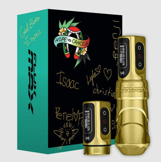 FK Irons Flux Max Tattoo Machine With 2 Powerbolt 2.0 — 4.0mm Hope Versus Cancer Gold